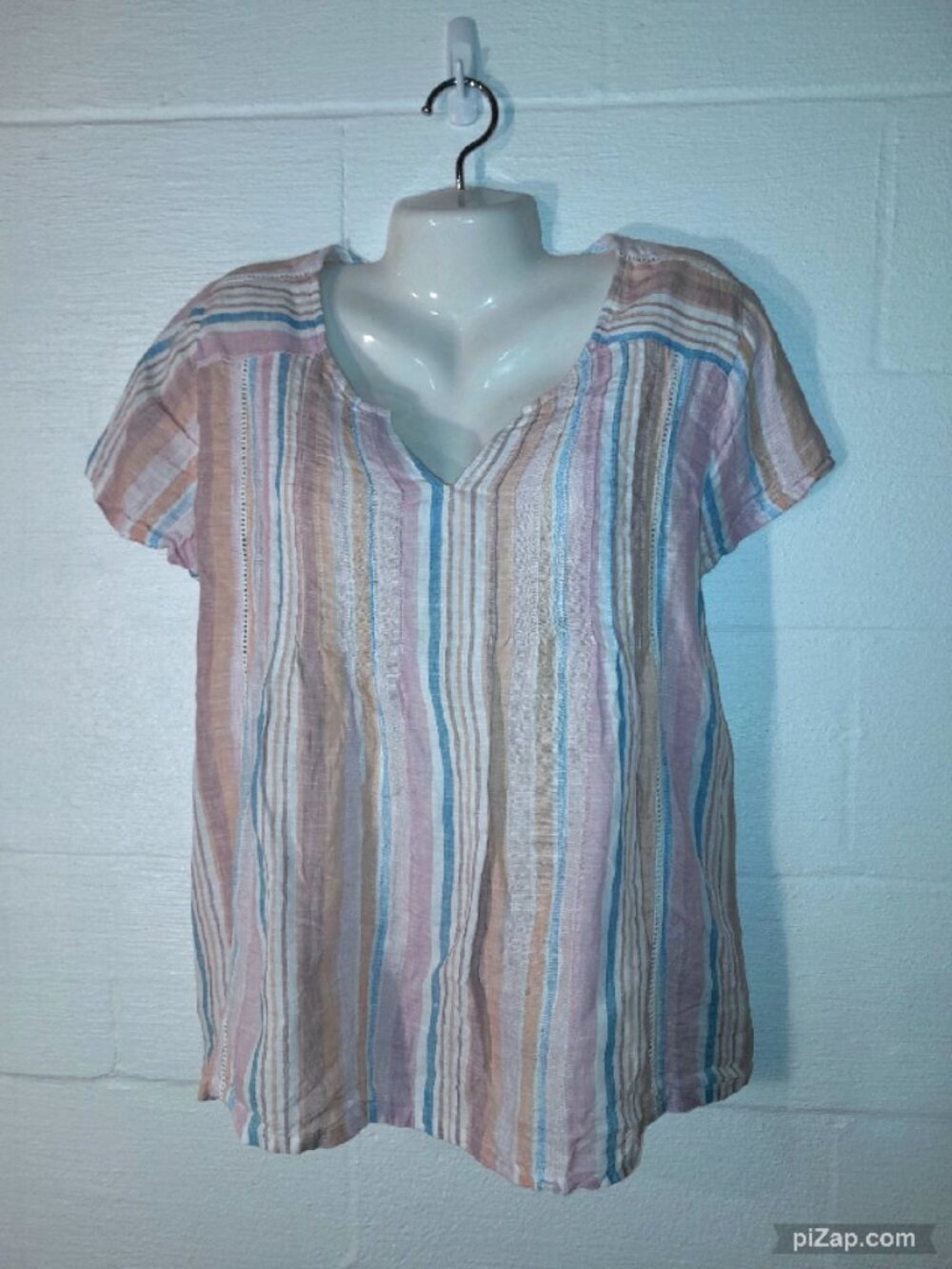 C&C California 100% Linen Pastel Striped Short Sleeve Blouse Top Pleated Women L
